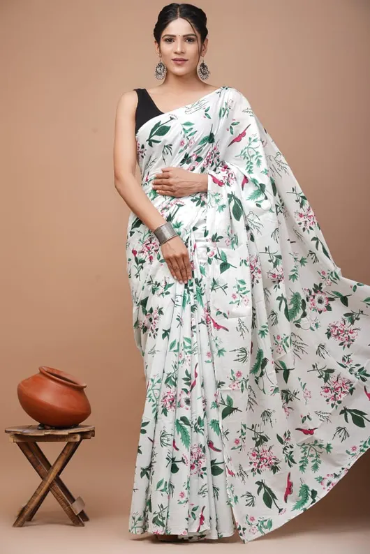 Pure Cotton Mulmul Saree with Blouse - Total Length- 6.5 Meter, Lightweight & Soft for Women & Girls